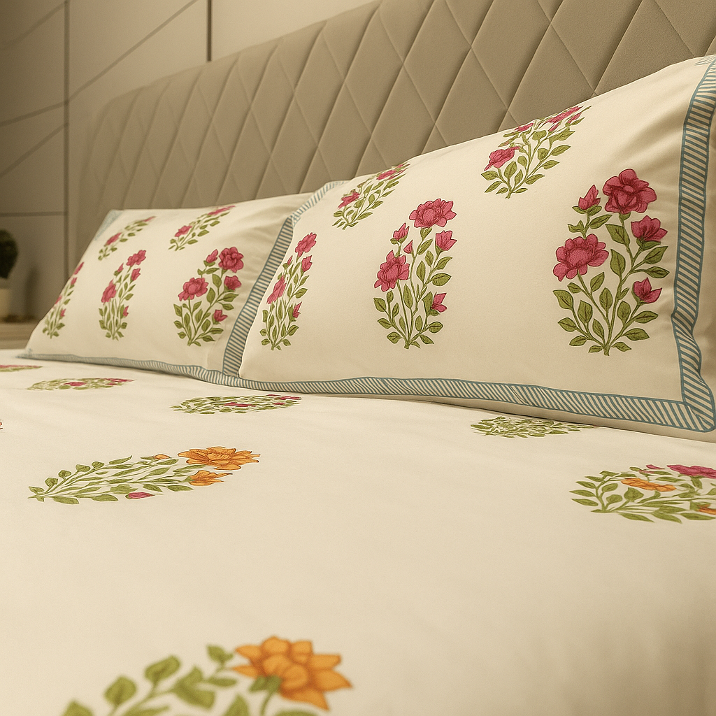 Cotton Block Print Bedsheet-Aaroha Living