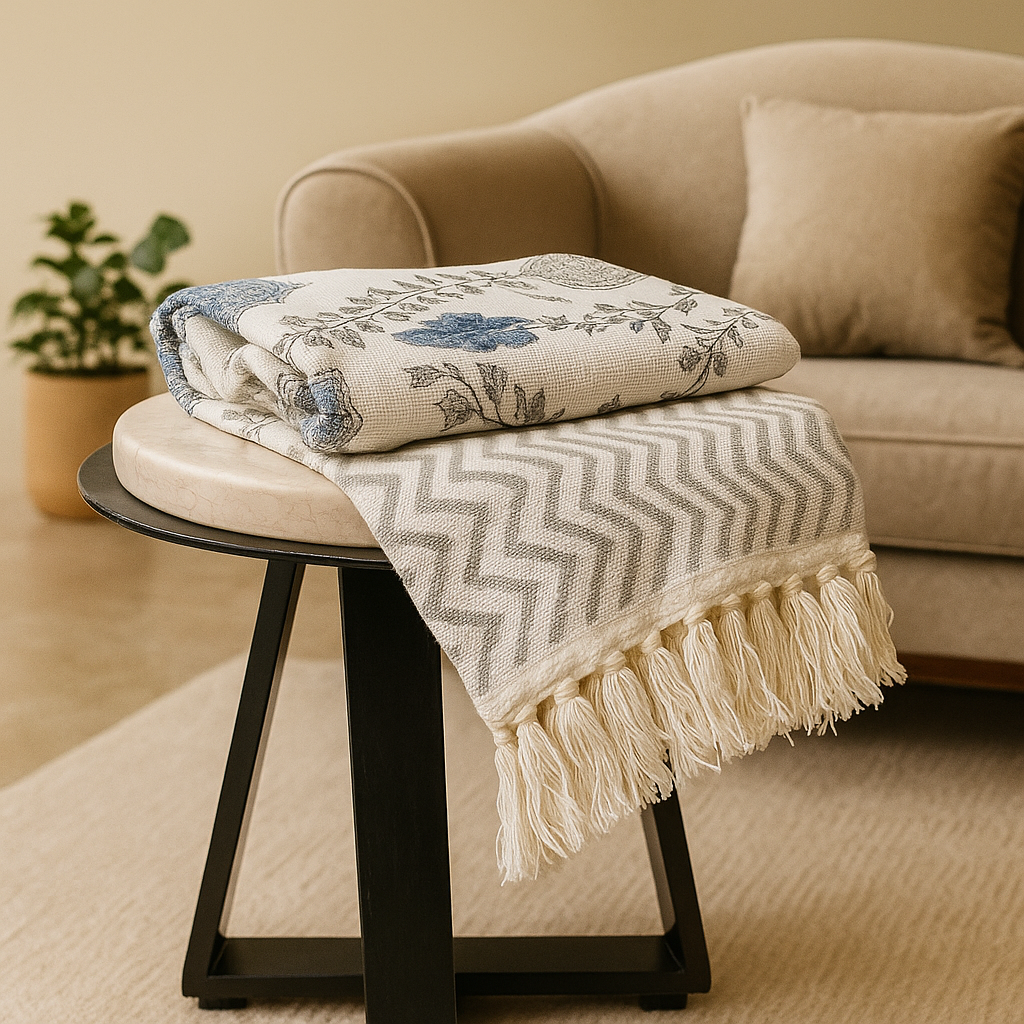 Handwoven Cotton Throw Blanket with Tassels-Aaroha Living
