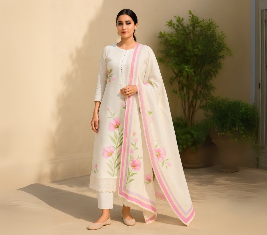 Chanderi Charm White Unstitched Suit-Aaroha Living