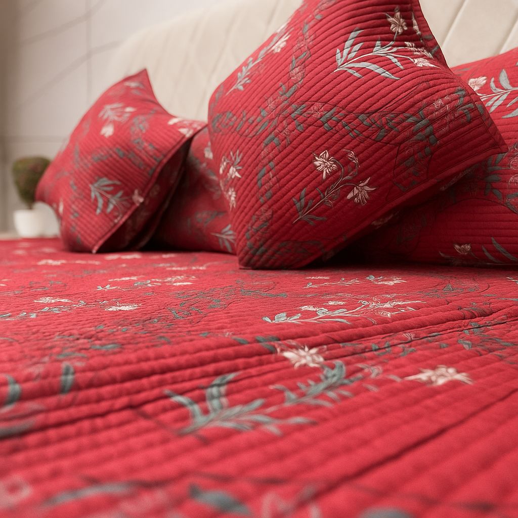 Ajrakh Gulbagh Red Quilted Bedcover-Aaroha Living
