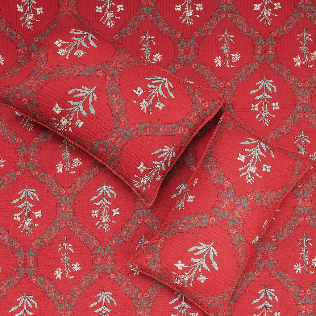 Ajrakh Gulbagh Red Quilted Bedcover-Aaroha Living