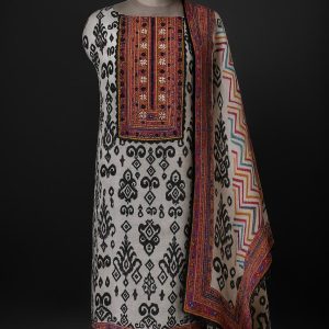 Tribal Muse – Muslin Unstitched Suit with Ethnic Print & Embellished Neckline-Aaroha Living