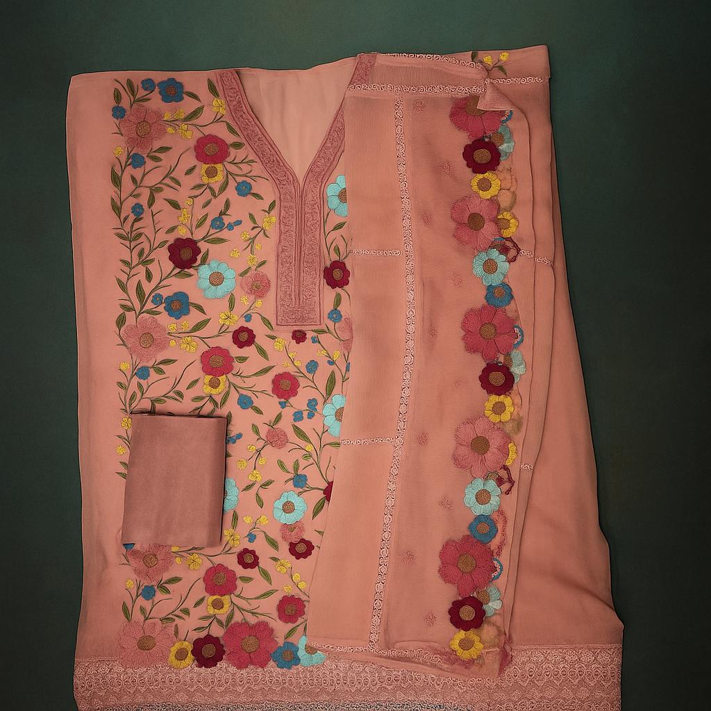 "Bloom Royale" – Pink Embroidered Organza Unstitched Suit-Aaroha Living