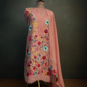 "Bloom Royale" – Pink Embroidered Organza Unstitched Suit-Aaroha Living