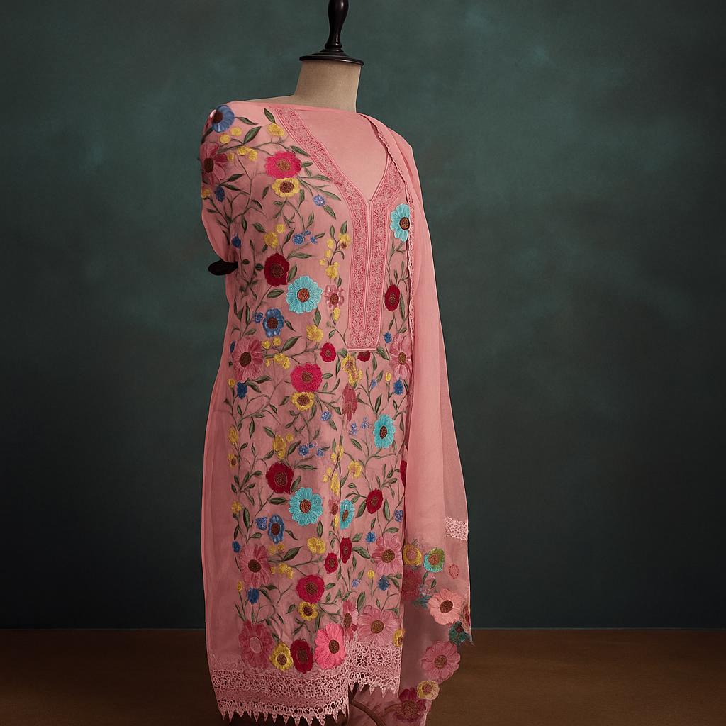 "Bloom Royale" – Pink Embroidered Organza Unstitched Suit-Aaroha Living