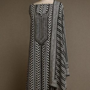 Black & White Muslin Unstitched Suit with Beaded Necklin