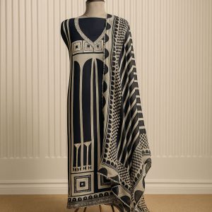 Black & Beige Unstitched Crepe Suit with Neckline Detailing-Aaroha Living