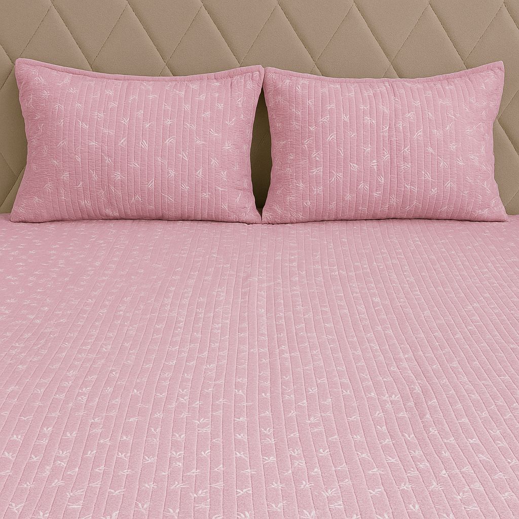 Blush Pink Quilted Bedcover with Petite White Floral Print-Aaroha Living