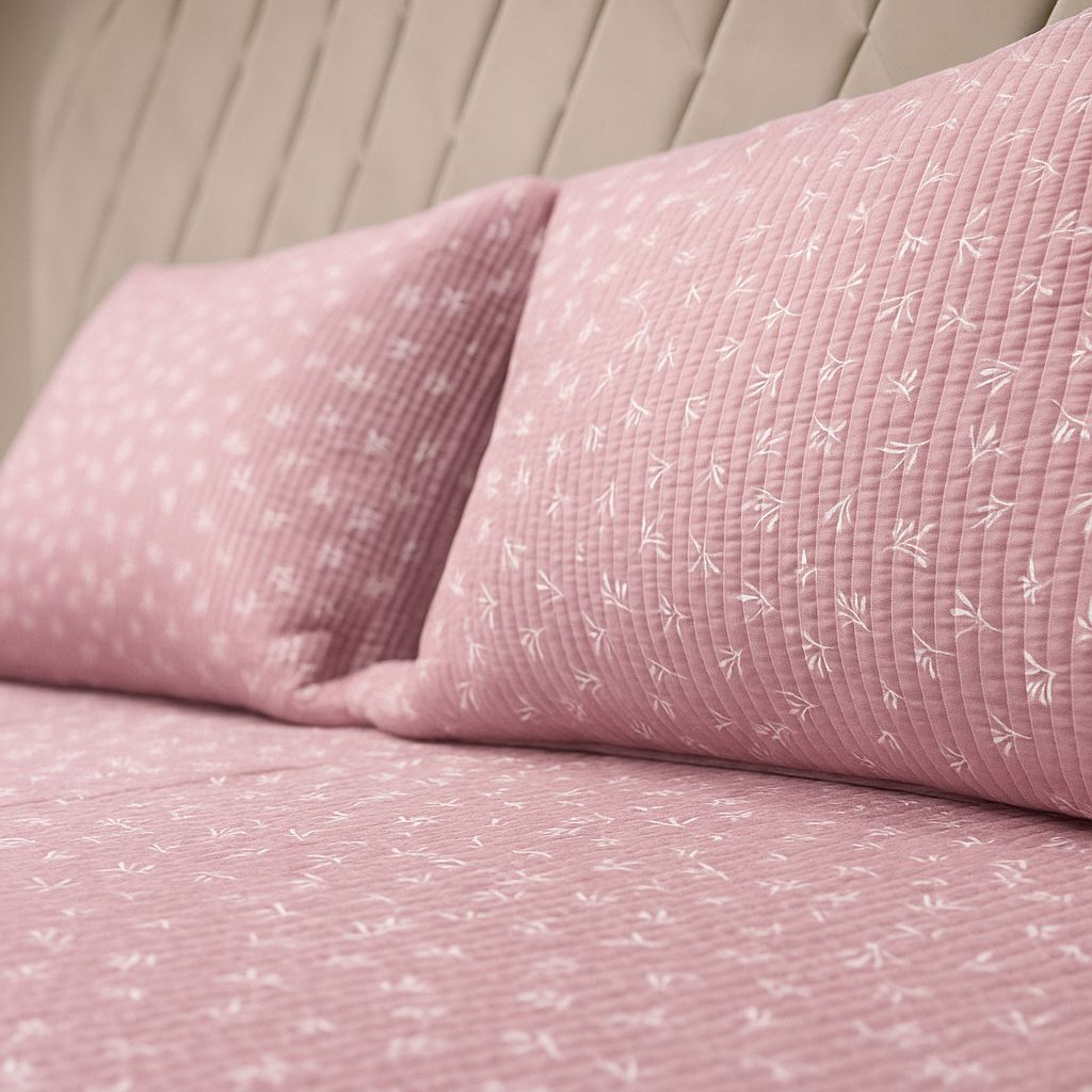 Blush Pink Quilted Bedcover with Petite White Floral Print-Aaroha Living