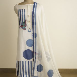 Elegant White & Blue Unstitched Cotton Suit with Bead Lace Detailing