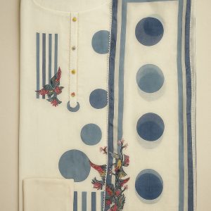 Elegant White & Blue Unstitched Cotton Suit with Bead Lace Detailing-Aaroha Living