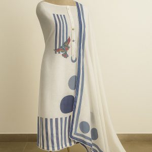 Elegant White & Blue Unstitched Cotton Suit with Bead Lace Detailing-Aaroha Living