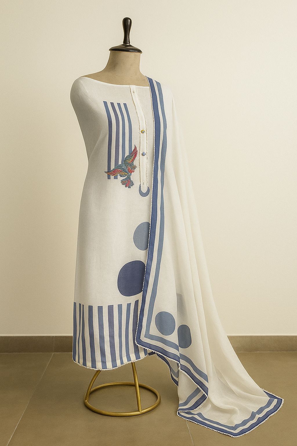 Elegant White & Blue Unstitched Cotton Suit with Bead Lace Detailing-Aaroha Living