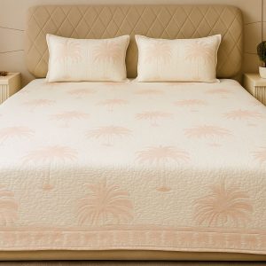 White Quilted Bedcover with Tree Motifs-Aaroha Living