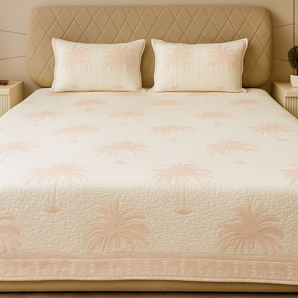 White Quilted Bedcover with Tree Motifs-Aaroha Living
