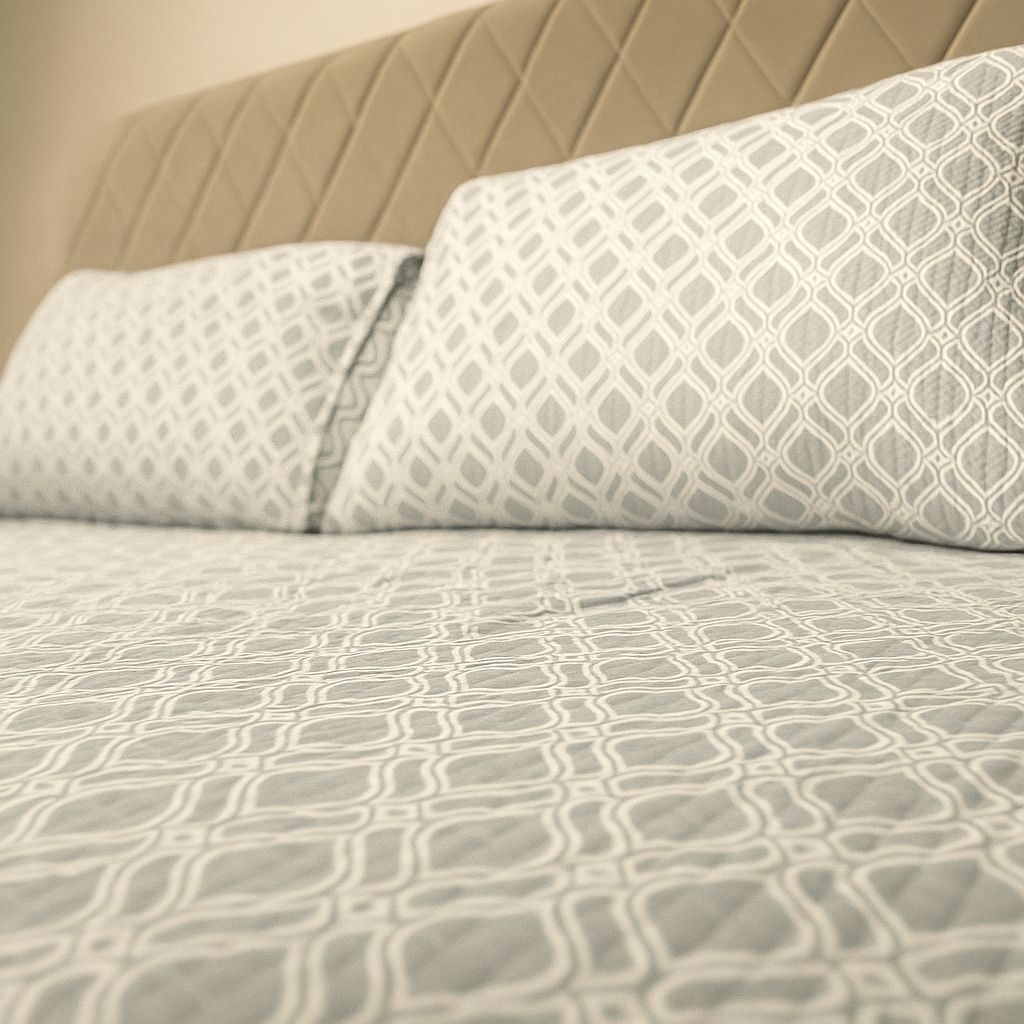 Soft Grey with White Geometric Pattern Quilted Bedcover-Aaroha Living