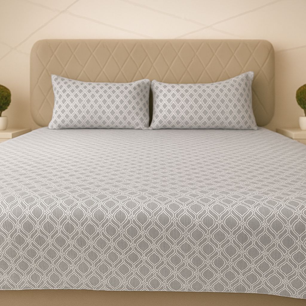 Soft Grey with White Geometric Pattern Quilted Bedcover-Aaroha Living