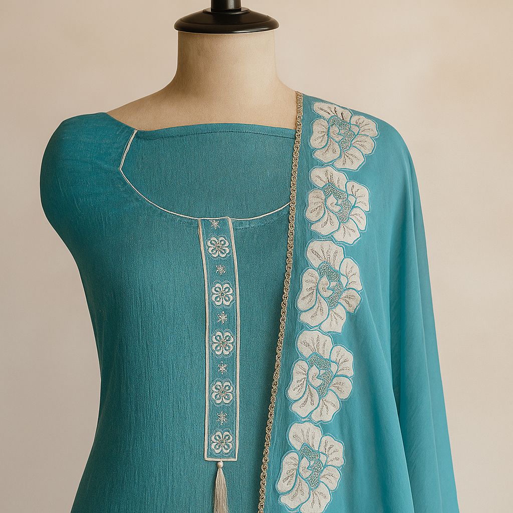 Phool-Sa Nazara - Sky Blue Tissue Unstitched Suit-Aaroha Living