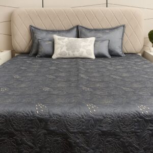 Grey Embroidered Flower Bedcover-Aaroha Living