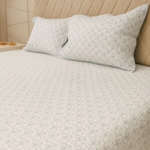 White And Sky Blue Quilted Bedcover with Floral Print-Aaroha Living