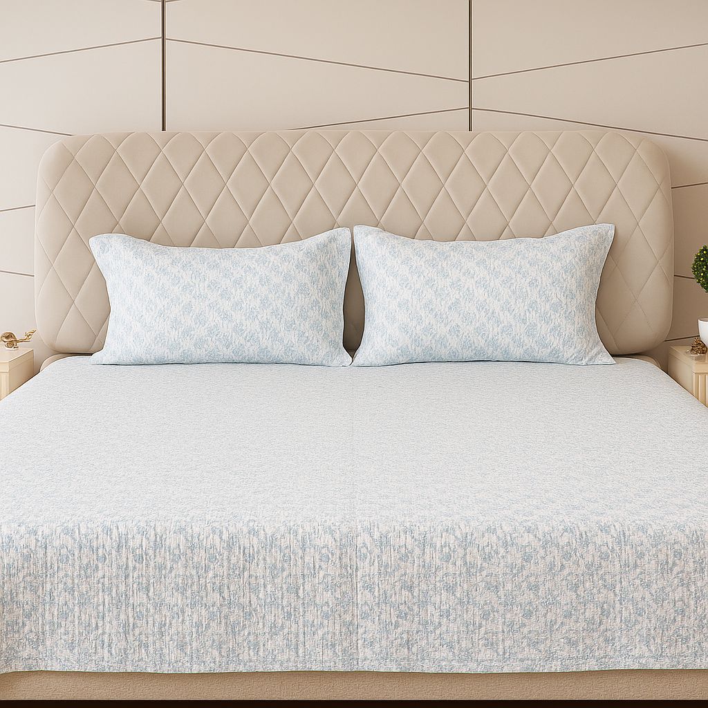White And Sky Blue Quilted Bedcover with Floral Print-Aaroha Living