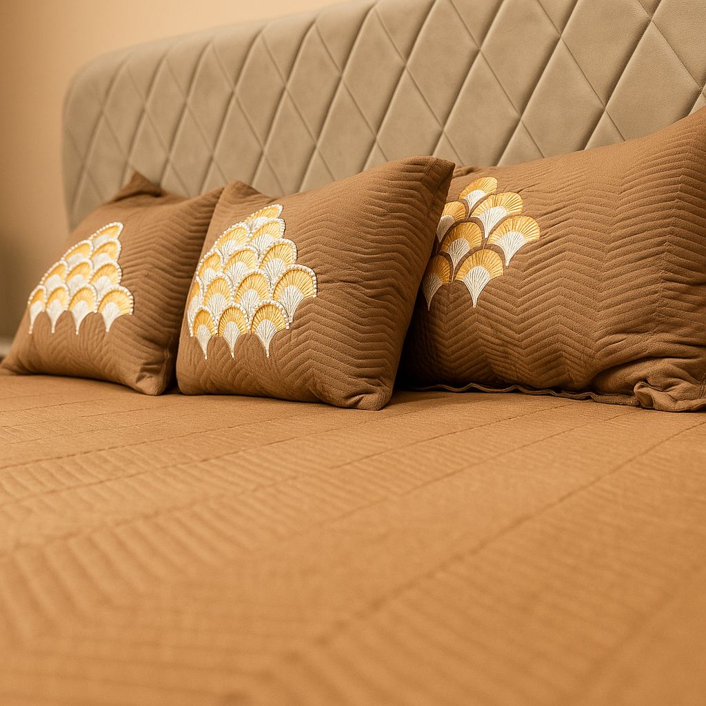 Rust Embroidered Bedcover Set-Aaroha Living