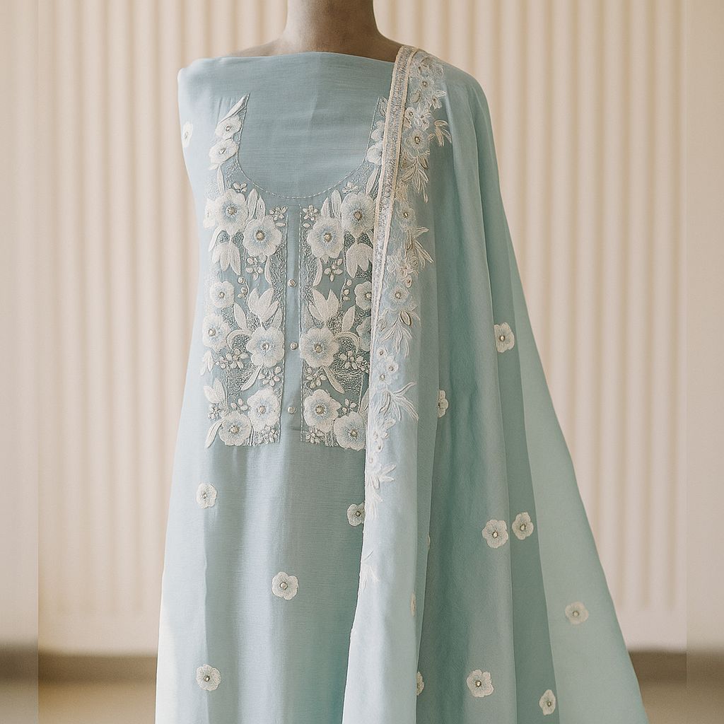 Blush Breeze - Pastel Blue Tissue Unstitched Suit-Aaroha Living