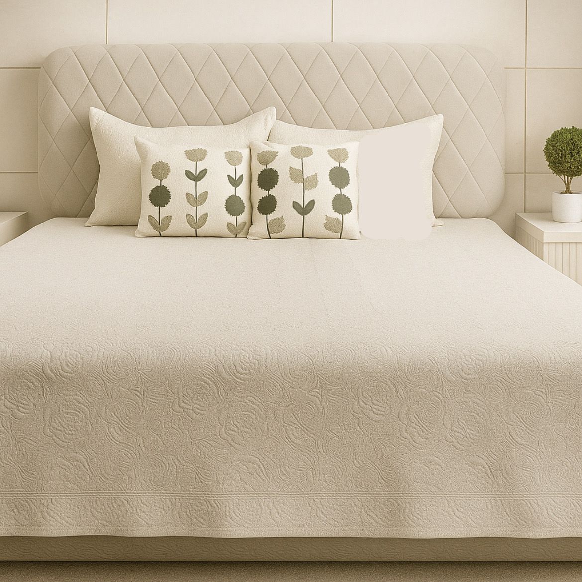 Off White Quilted Bedcover With Towel embroidery flowers-Aaroha Living