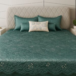 Teal Embroidered Flower Bedcover-Aaroha Living