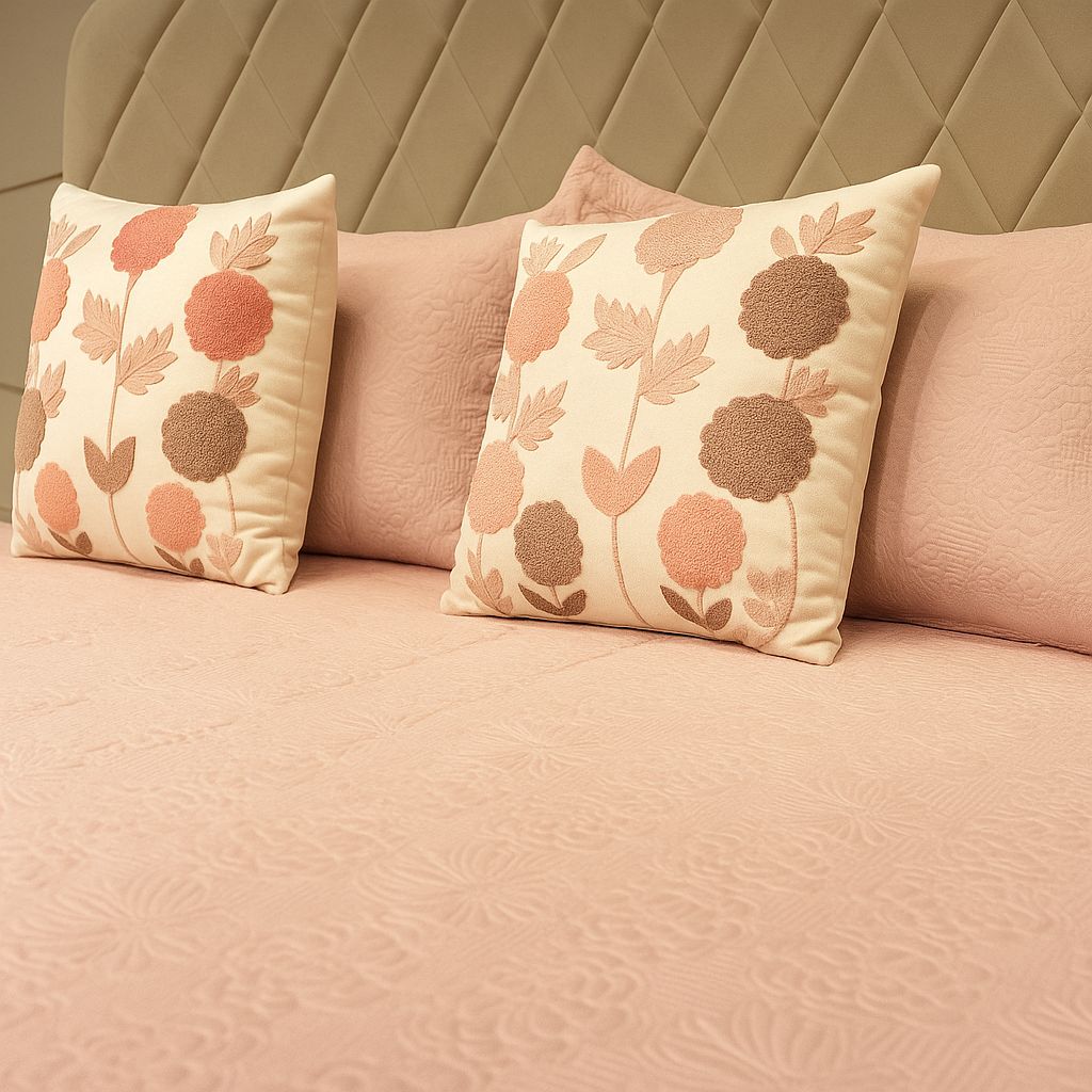 Peach Quilted Bedcover With Towel embroidery flowers-Aaroha Living