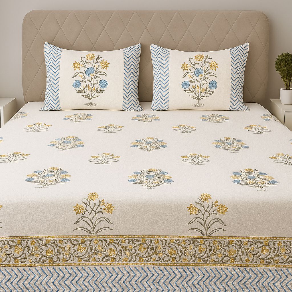 Handcrafted Jacquard Block Print Bedcover-Aaroha Living