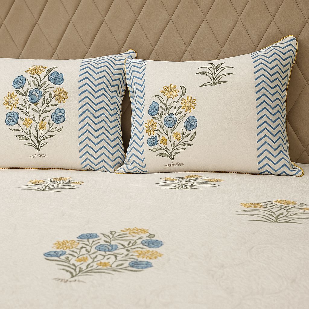 Handcrafted Jacquard Block Print Bedcover-Aaroha Living