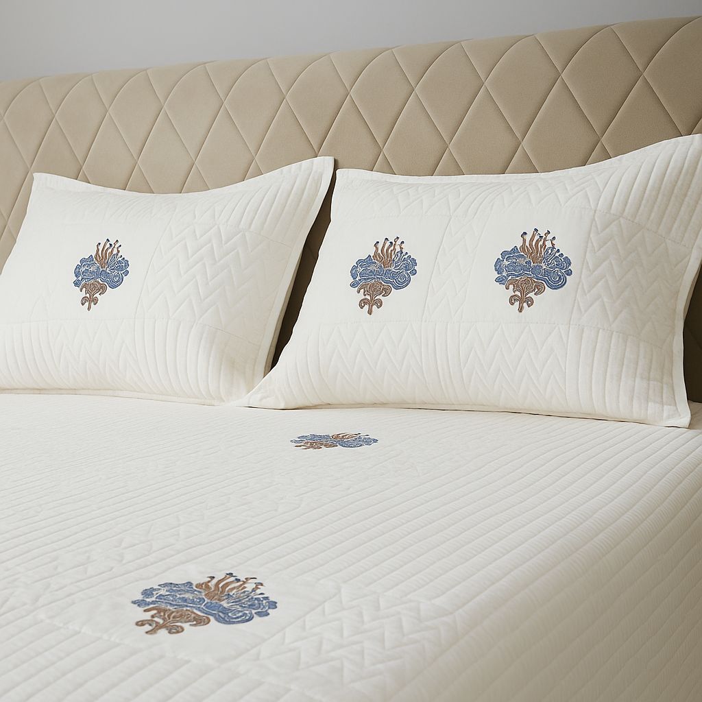 White cotton quilted bedcover with digital print-Aaroha Living