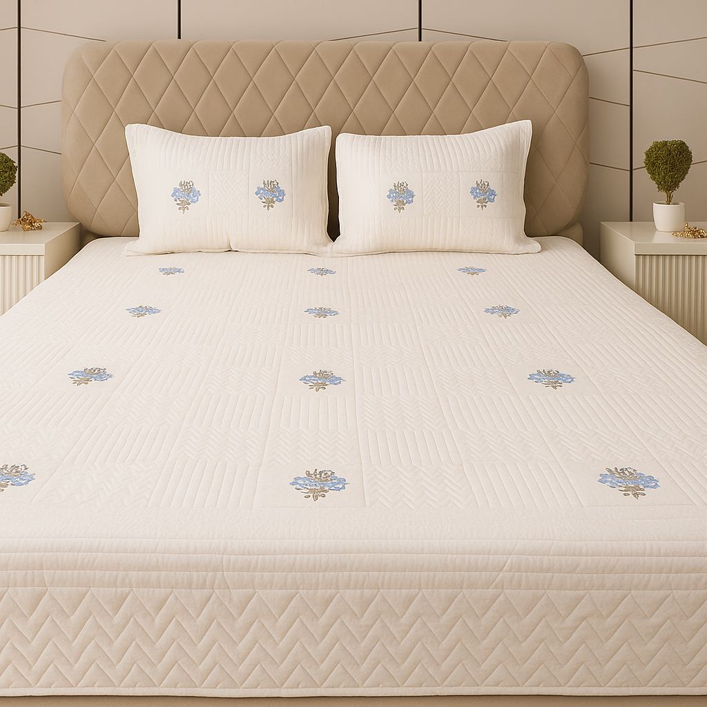 White cotton quilted bedcover with digital print-Aaroha Living
