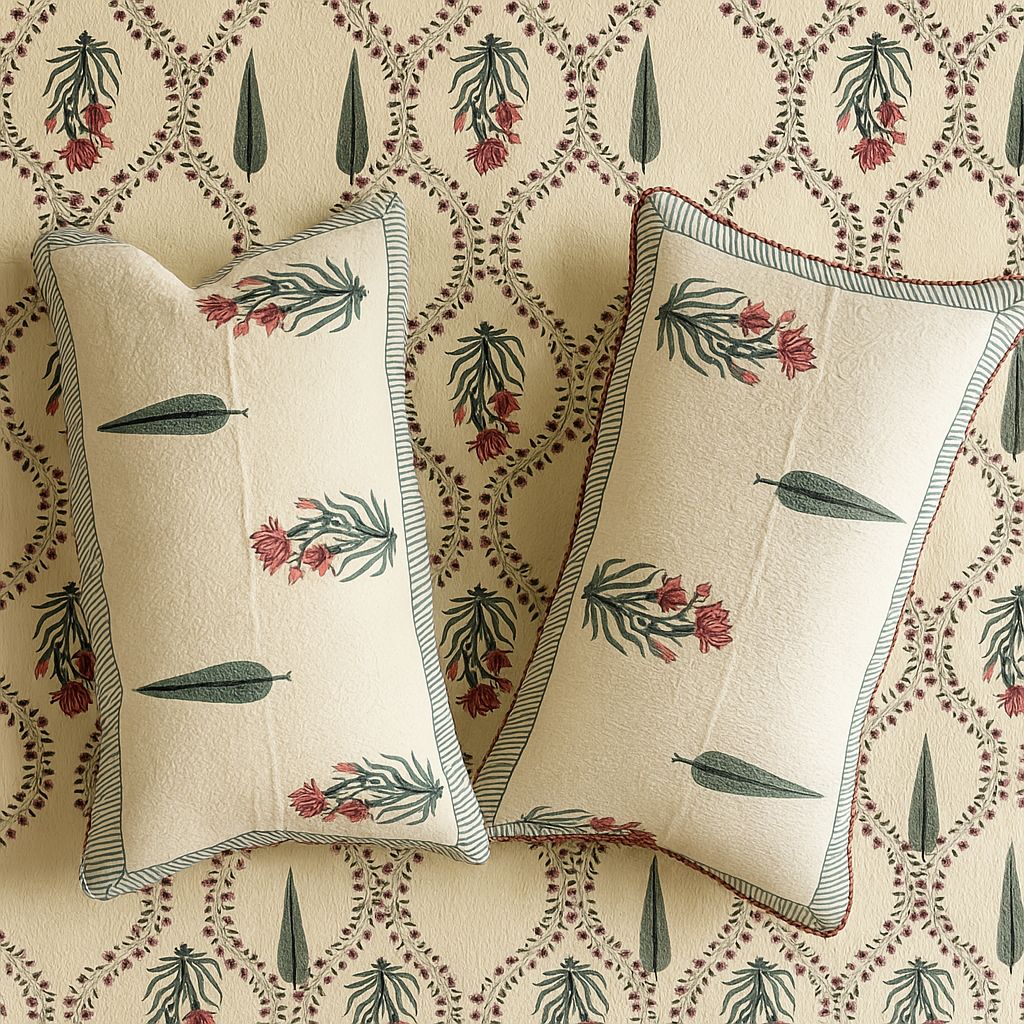 White cotton quilted bedcover with digital print-Aaroha Living