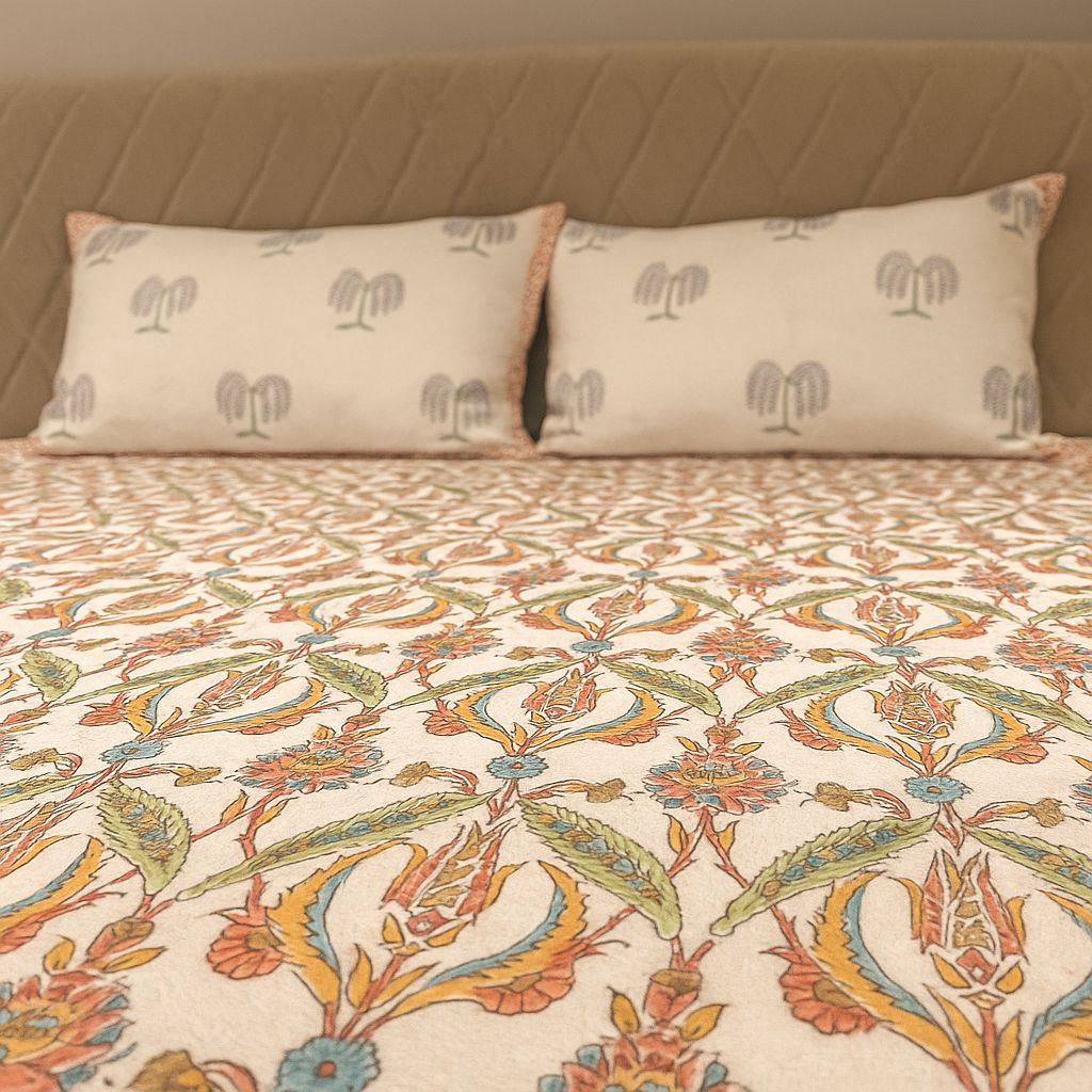 Handcrafted Jacquard Block Print Bedcover-Aaroha Living