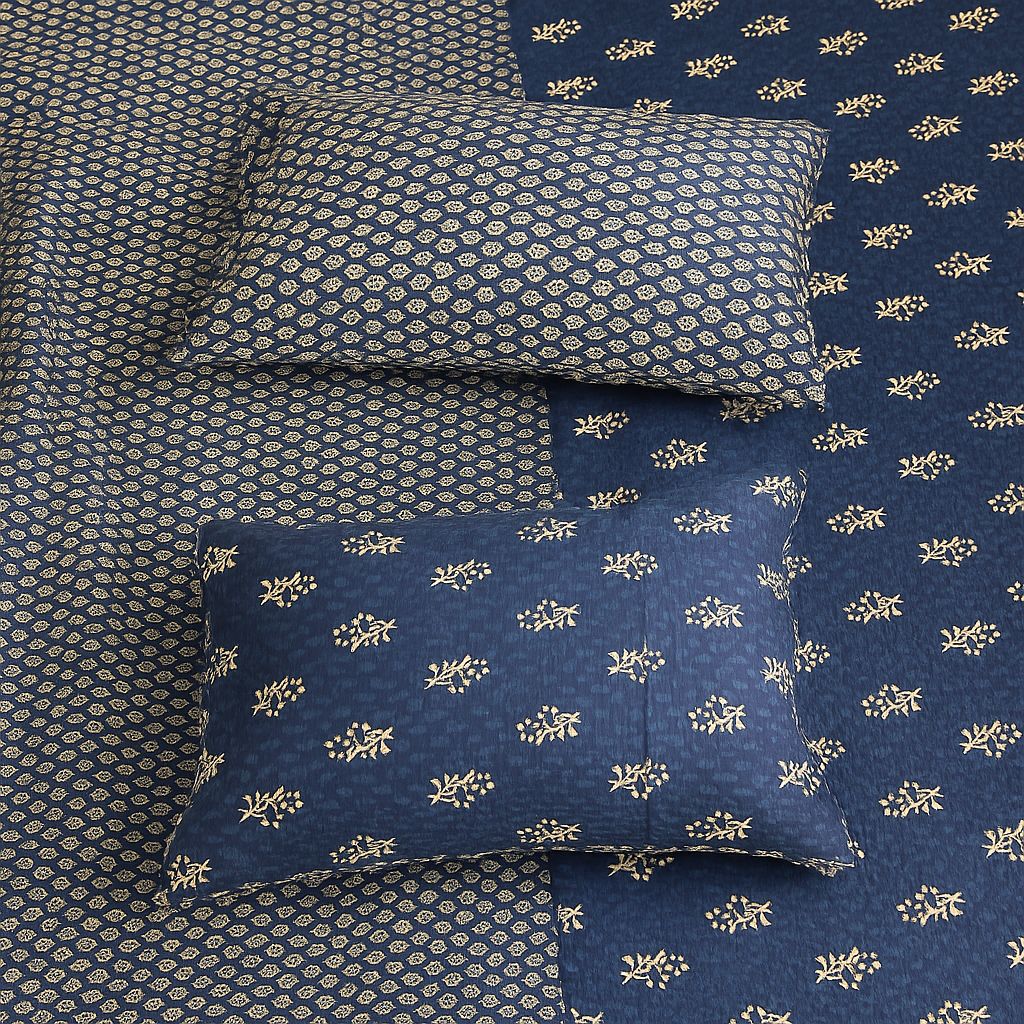 Ajrakh Block Print Blue Bedcover-Aaroha Living