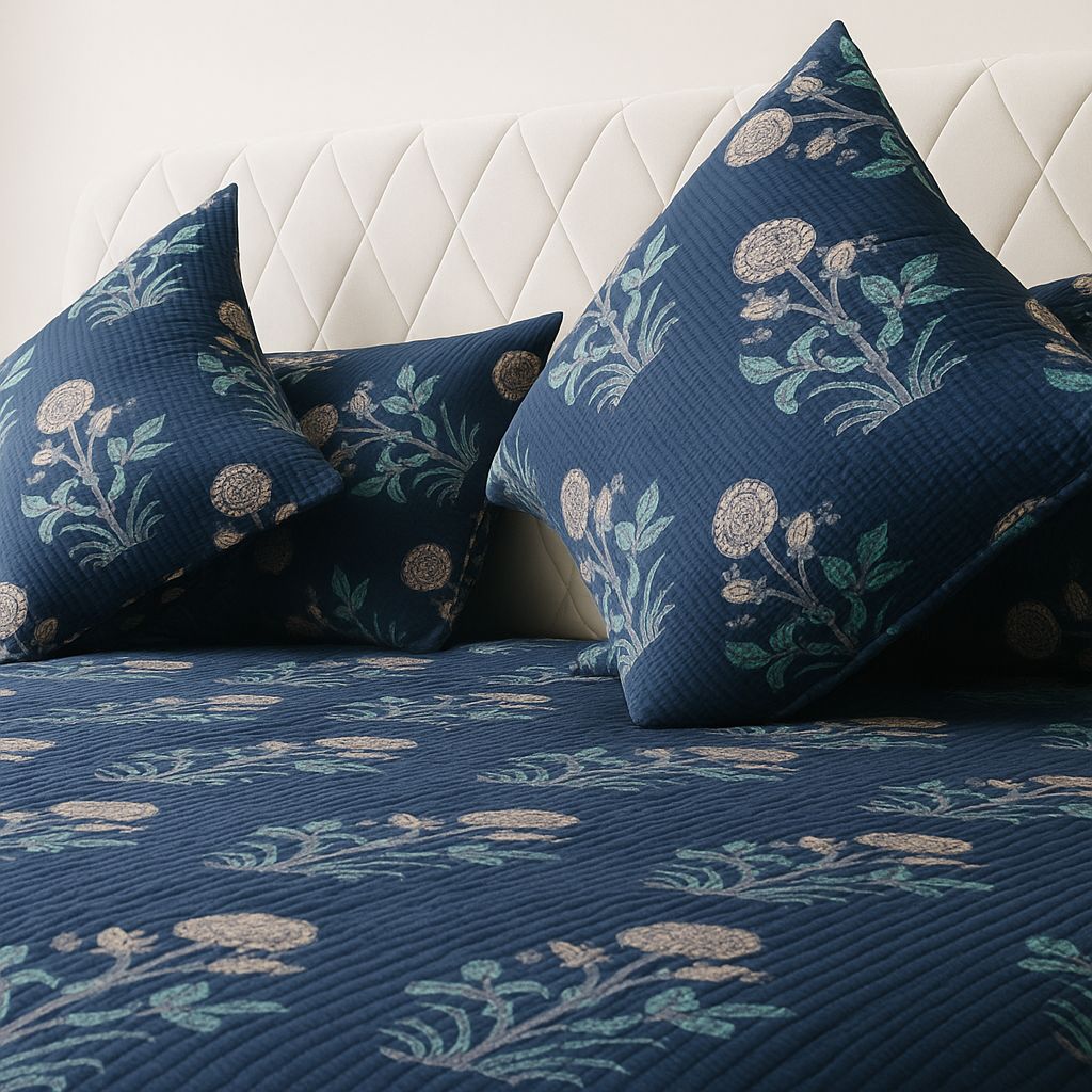 Ajrakh Block Print Blue Bedcover-Aaroha Living