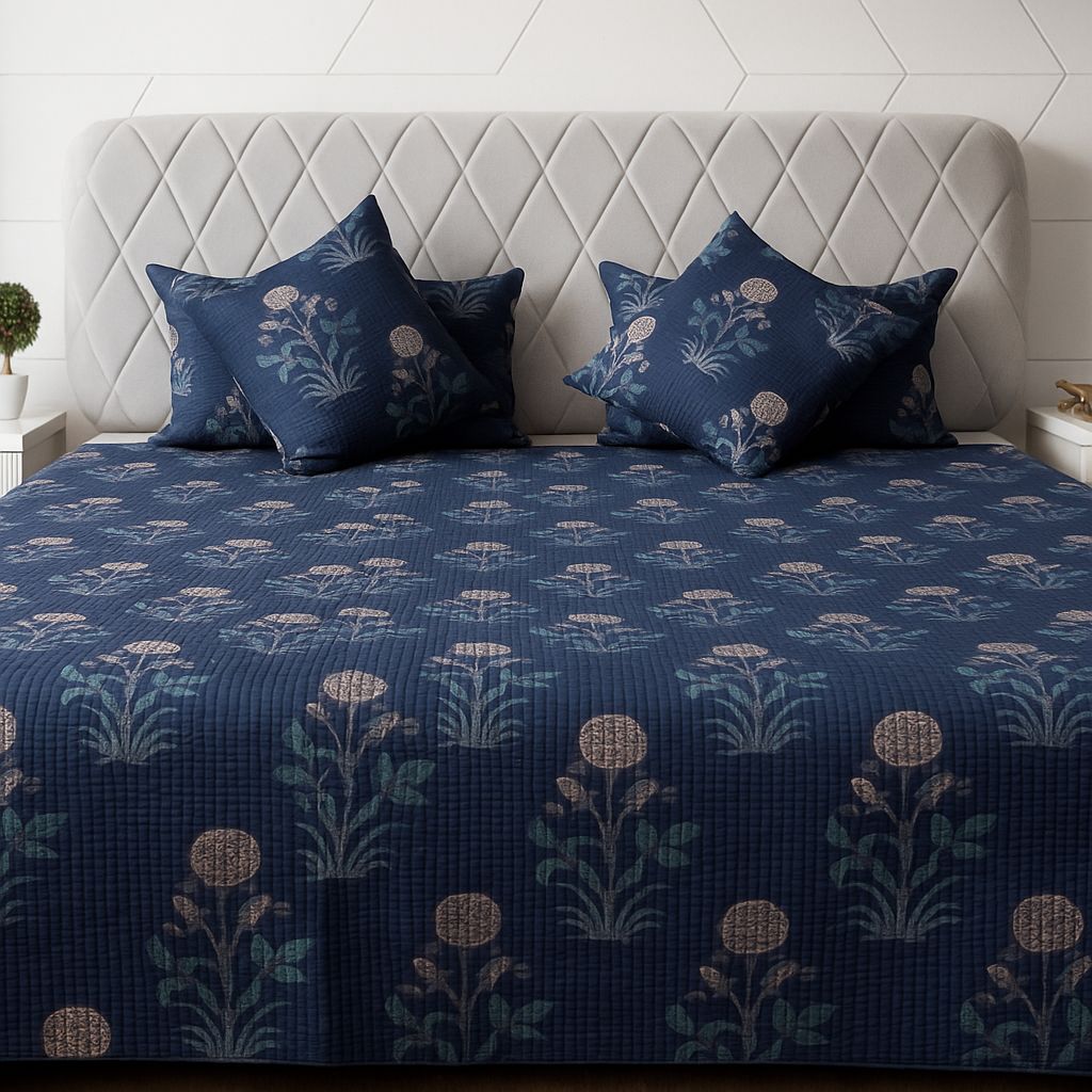 Ajrakh Block Print Blue Bedcover-Aaroha Living
