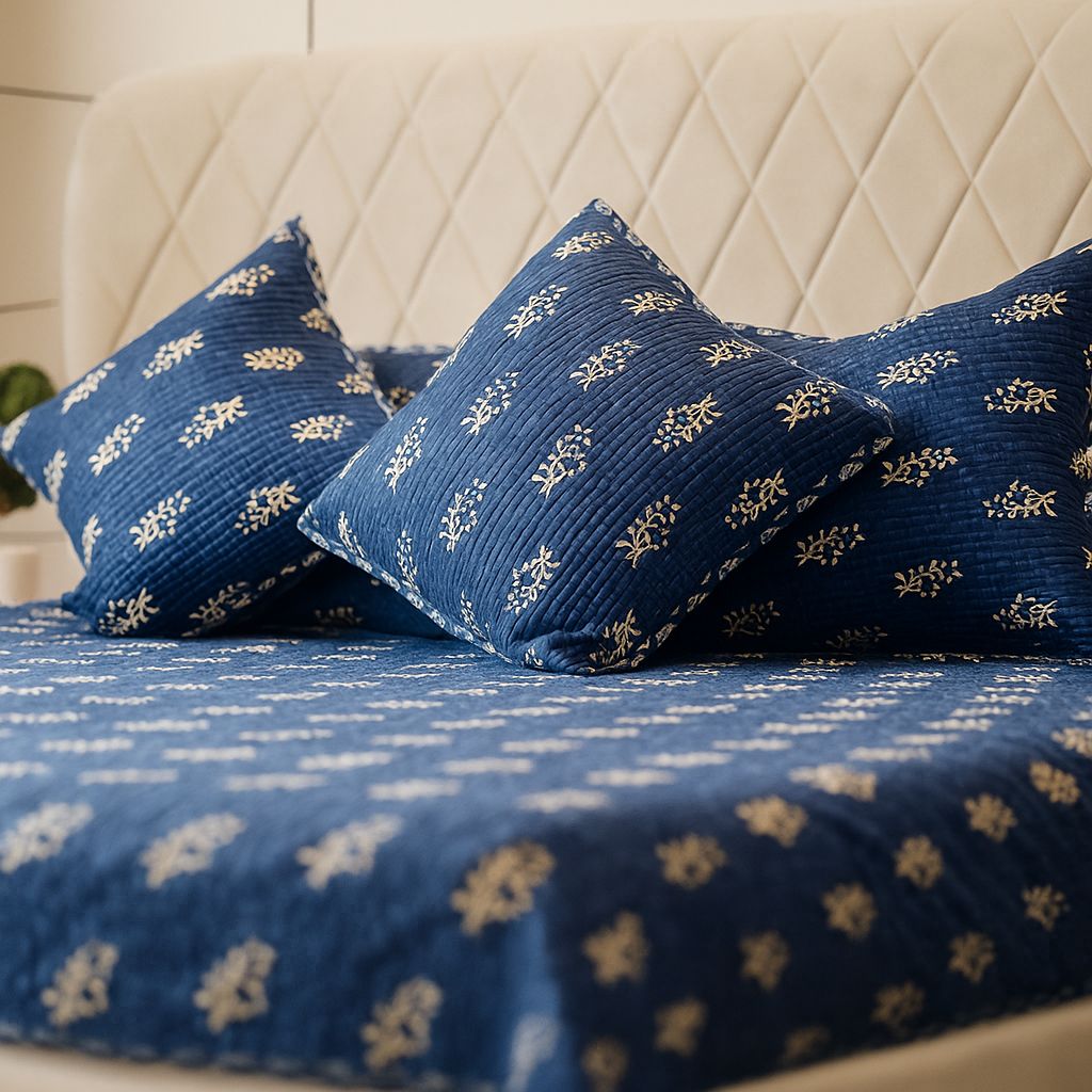 Ajrakh Block Print Blue Bedcover-Aaroha Living
