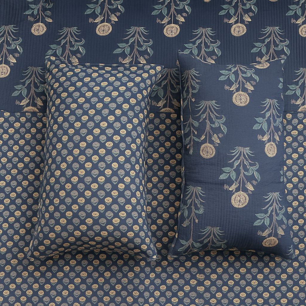 Ajrakh Block Print Blue Bedcover-Aaroha Living