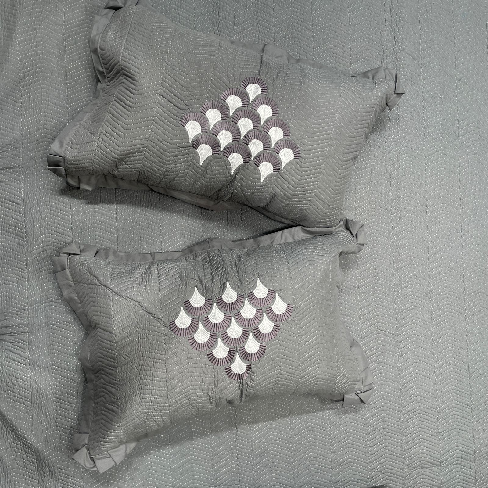 Dark Grey Embroidered Bedcover Set-Aaroha Living