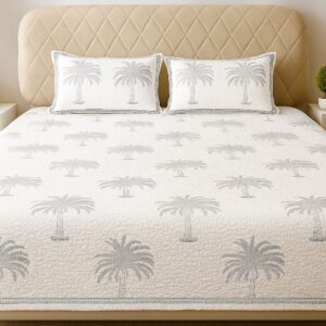 White Quilted Bedcover with Tree Motifs-Aaroha Living