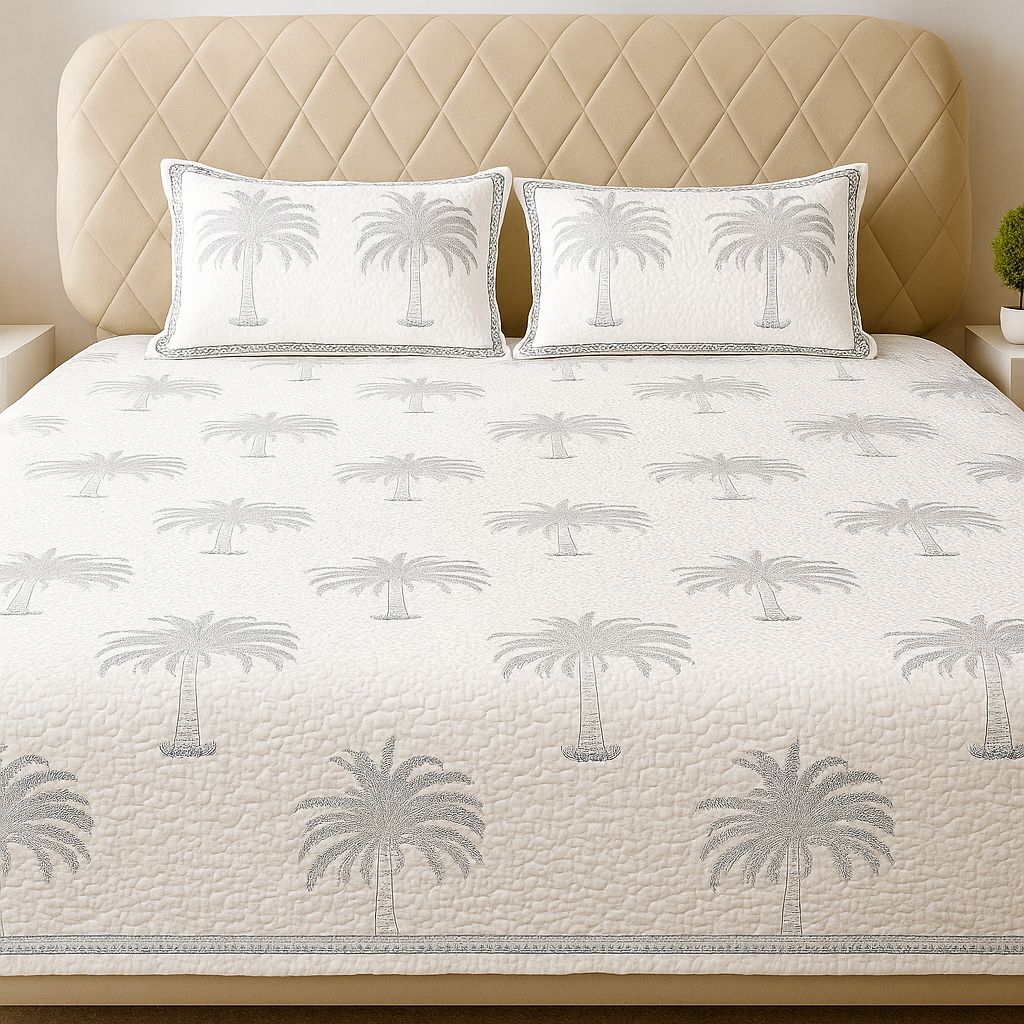 White Quilted Bedcover with Tree Motifs-Aaroha Living