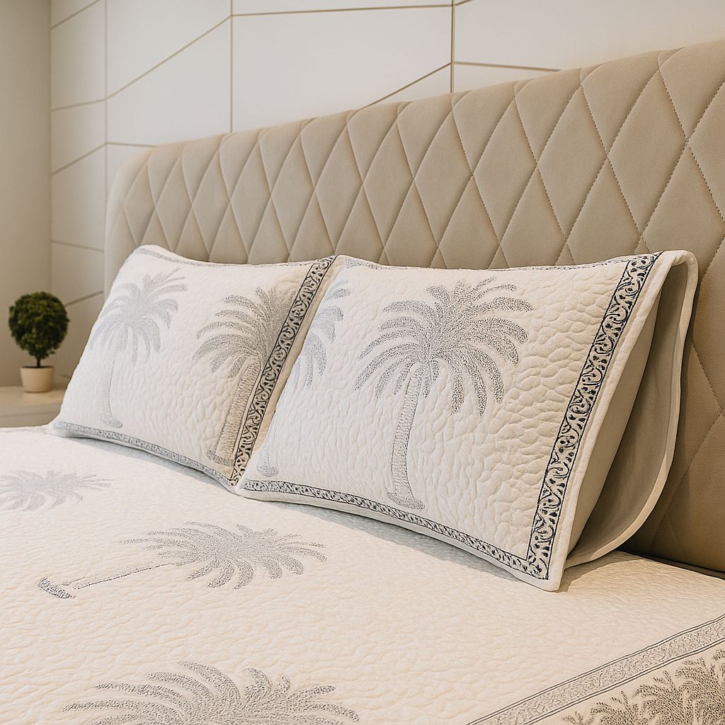 White Quilted Bedcover with Tree Motifs-Aaroha Living