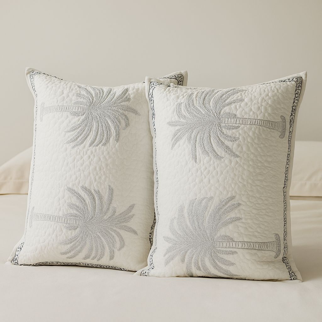White Quilted Bedcover with Tree Motifs-Aaroha Living