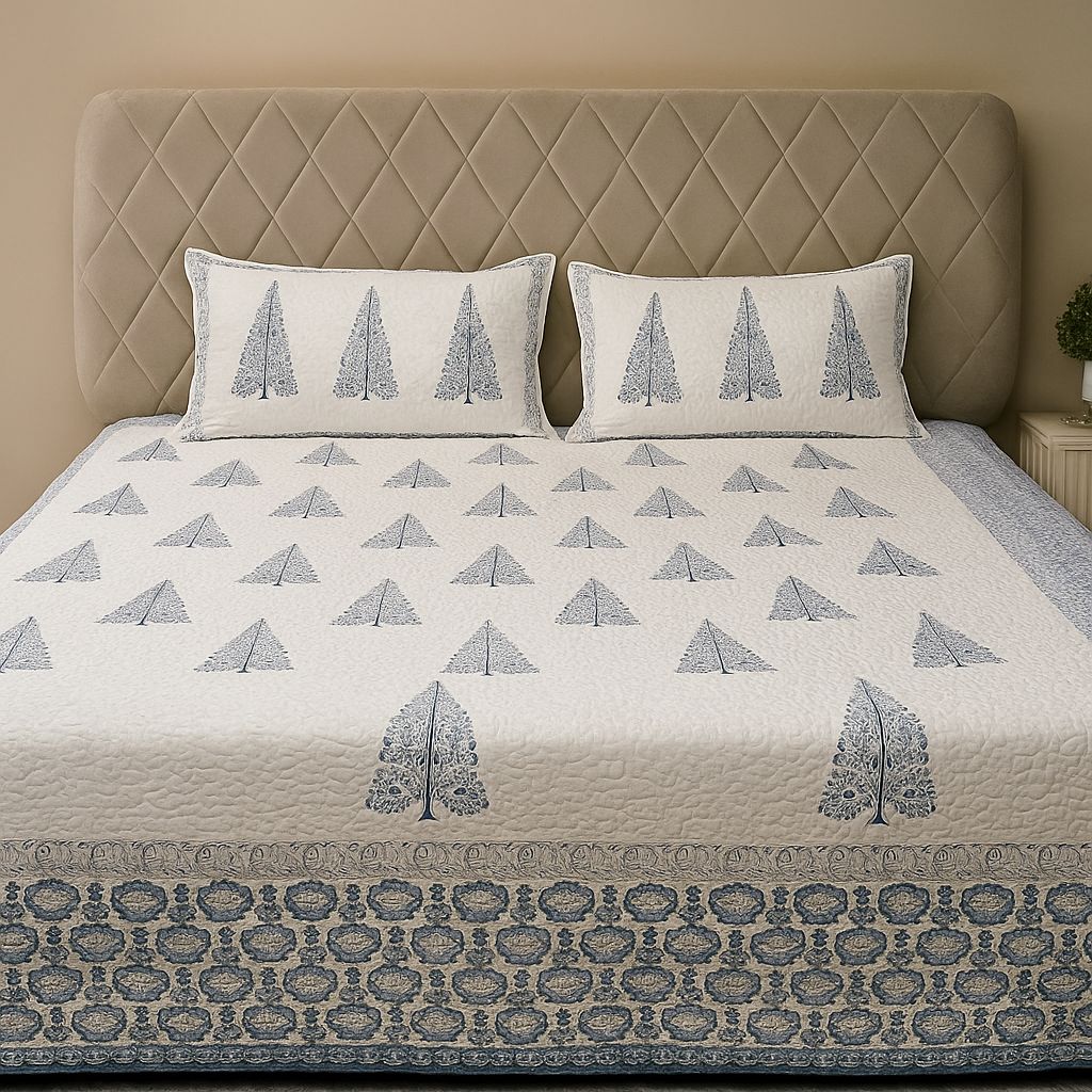 White cotton quilted bedcover-Aaroha Living