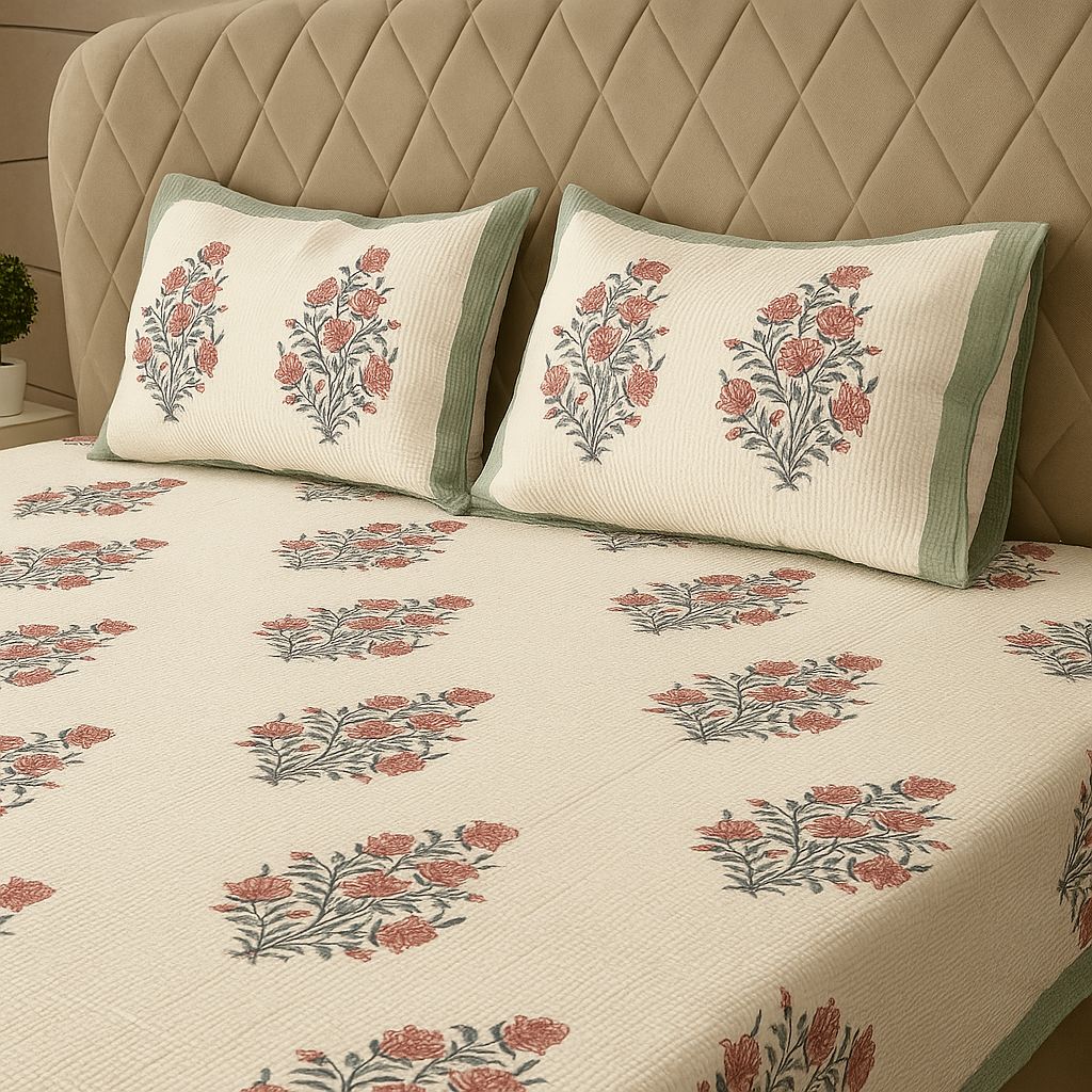 Handcrafted Jacquard Block Print Bedcover-Aaroha Living
