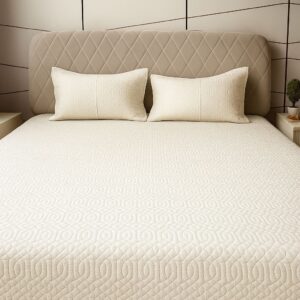 Off White Geometric Pattern Quilted Bedcover-Aaroha Living