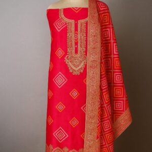 Red Elegance – Handcrafted Dabka & Bandhej Unstitched Suit